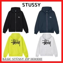 STUSSY | Long Sleeves Plain Cotton Logo Skater Style Hoodies