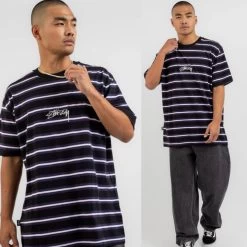 STUSSY | Crew Neck Stripes Street Style Plain Cotton Short Sleeves